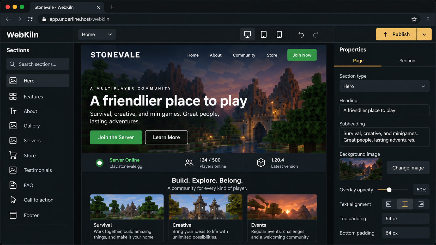 WebKiln visual website editor preview